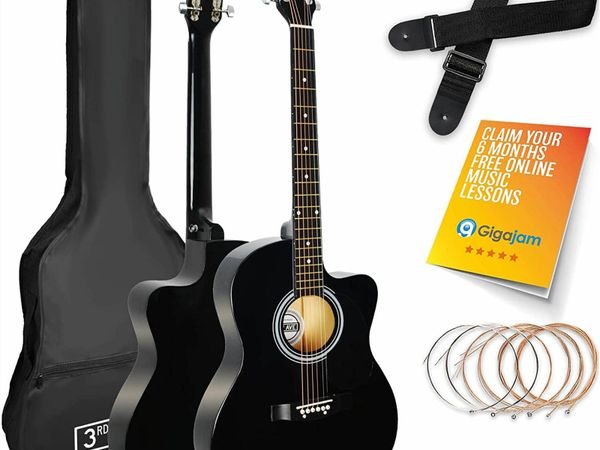 3rd Avenue Full Size 4/4 Cutaway Acoustic Guitar Pack Bundle for Beginners - 6 Months FREE Lessons, Bag, Strap, Picks and Spare Strings – Black