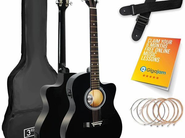 3rd Avenue Full Size 4/4 Cutaway Electro Acoustic Guitar Pack Bundle for Beginners with 6 Months FREE Lessons, Built-in Tuner and EQ – Black