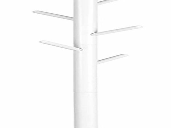 COAT STAND, CLOTHES STAND, SOLID WOOD, FREE-STANDING, TREE SHAPE, 8 HOOKS FOR JACKETS, HATS, BAGS, ENTRANCE AREA, HALLWAY, HOOKS AND HANDRAIL MADE OF RUBBER WOOD, WHITE