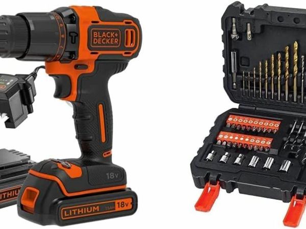 18 V Cordless 2-Gear Combi Drill with Kitbox and 2X 1.5 Ah Lithium Ion Batteries & Black + Decker A7188 Drill and Screwdriver Bit Set 50-Piece