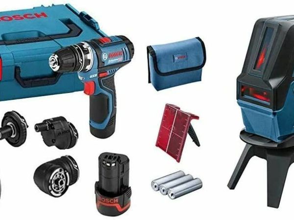 Cordless Drill Driver Set with 2 x 12 V 2.0 Ah Lithium-Ion Batteries + Bosch Professional cross line laser