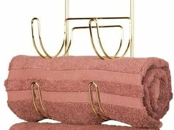 Wall-Mounted Towel Storage Rack – Hanging Caddy for the Bathroom or Bedroom – Modern Hanging Hooks for Bathroom Storage – Brass