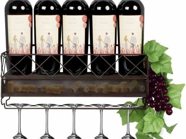 Wall Mounted Wine Rack with Glass Holder Metal Wine Shelf Champagne Bottle Holder Hanging Rustic Wine Holder Floating Wine Shelf for Kitchen, Bronze