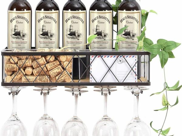 Wall Mounted Wine Rack,Metal & Wooden Wine Shelf with Glass Holder & Cork Storage,Champagne Bottle Holder,Hanging Rustic Wine Holder, Floating Wine Shelf for Kitchen, Home WK810228