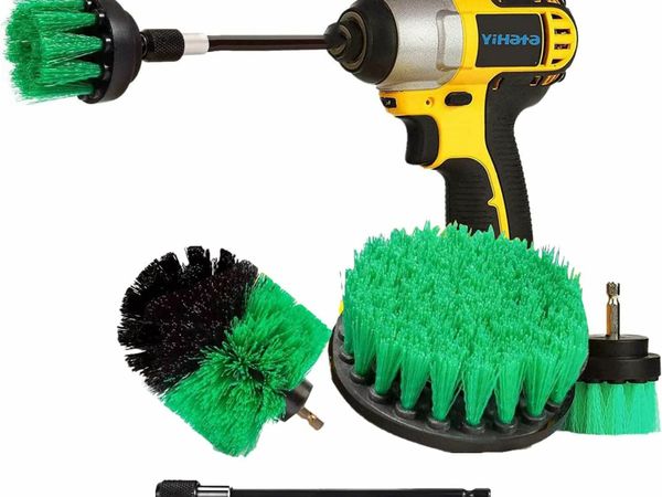YIHATA Drill Brush Cleaning Brushes Set, 4 Pack Extended Long Attachment Power Scrubber Brushes for Cleaning, Great for Car Carpet Floor Bathroom Toilet Kitchen Ceramic Surface Green