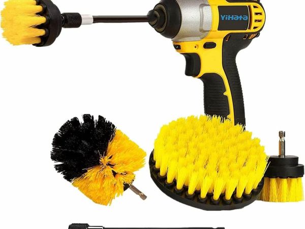 YIHATA Drill Brush Cleaning Brushes Set, 4 Pack Extended Long Attachment Power Scrubber Brushes for Cleaning, Great for Car Carpet Floor Bathroom Toilet Kitchen Ceramic Surface Yellow