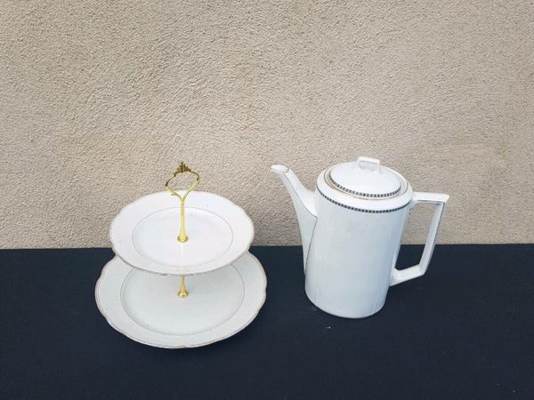 By post only white china cake stand and tea pot