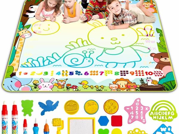 Water Doodle Mat - 100 x 100cm Super Large Kids Water Drawing Pad with Magic Pens, Stamps, Molds