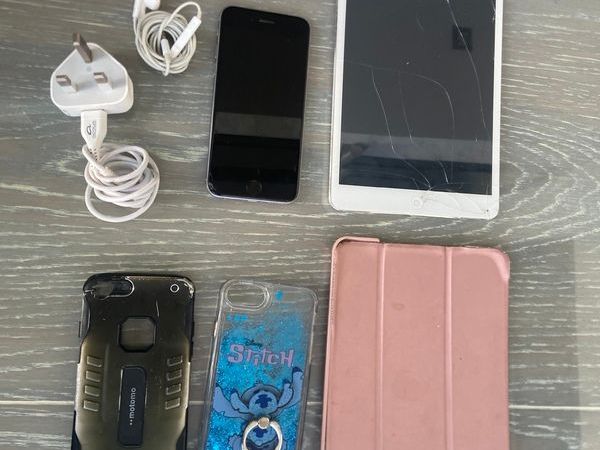 iPad mini 2 and iPhone 6s with earphones,charger,an iPad case and 2 phone cases