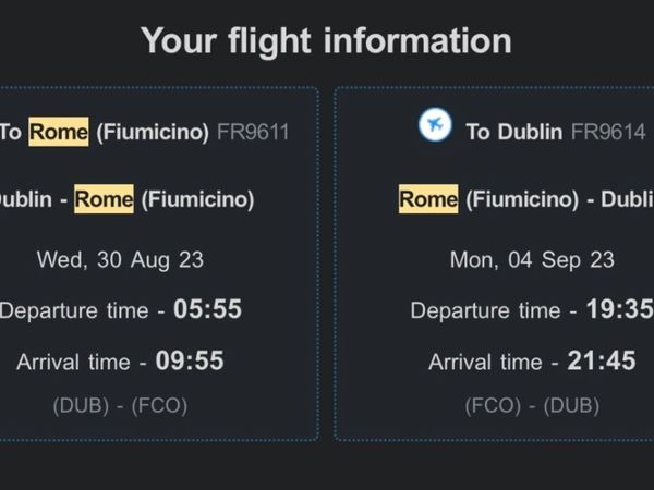 2 seats - Dublin to Rome - 5 nights