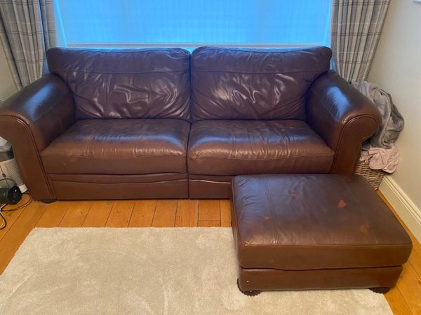 Brown leather couch & footstool