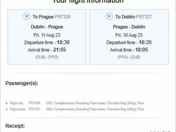 4 x flights (Dublin to Prague) 11th Aug to 18th