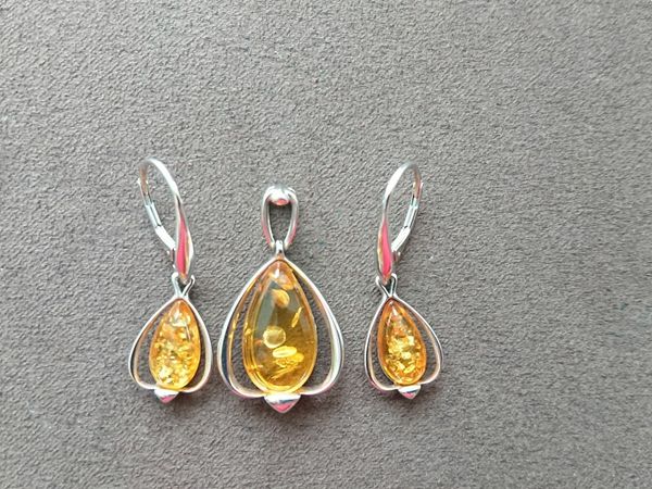 925 silver with real amber earrings and pendant