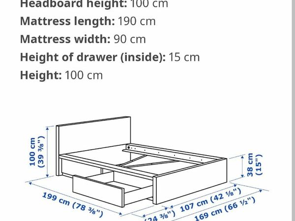 Bed frame, high, w 2 storage boxes, white, Standar