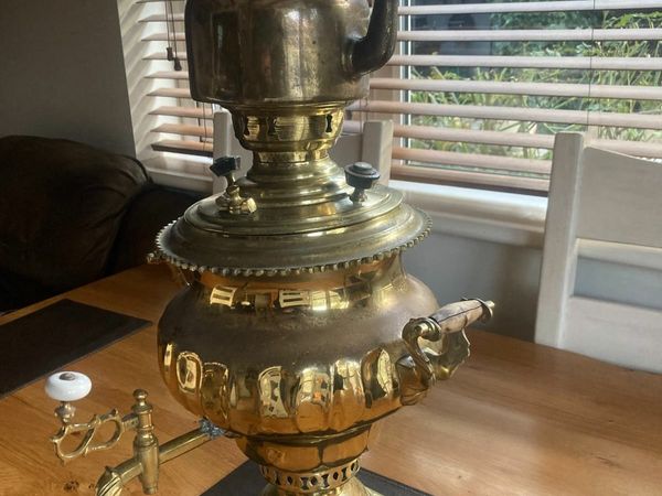 antique brass charcoal samovar +brass tea pot