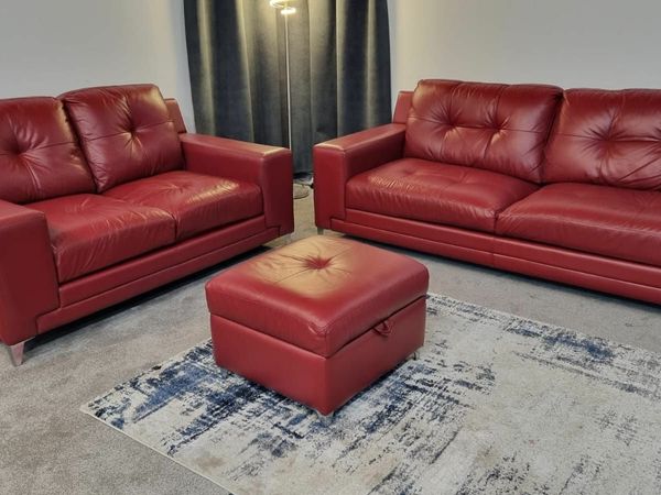 DFS Genuine Leather red 3+2+ footstool suite