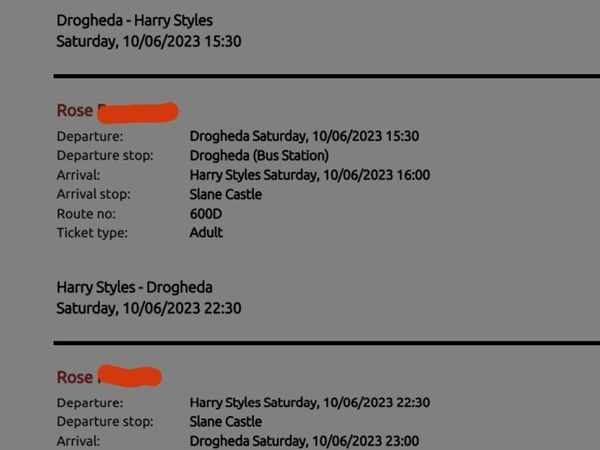 Drogheda-Slane Harry Styles bus ticket