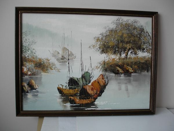 Framed  Chinese Junk Boats Oil Paining