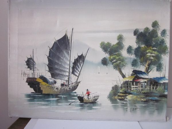 Unframed Signed   Chinese Junk Boats Oil Painting