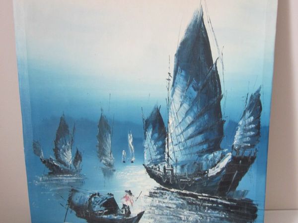 Unframed Signed Chinese Junk Boats Oil Painting.