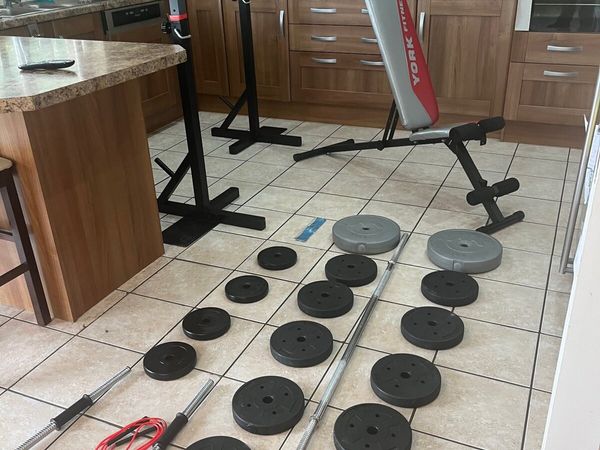 SQUAT STANDS AND WEIGHT BENCH, YORK BRAND + WEIGHT