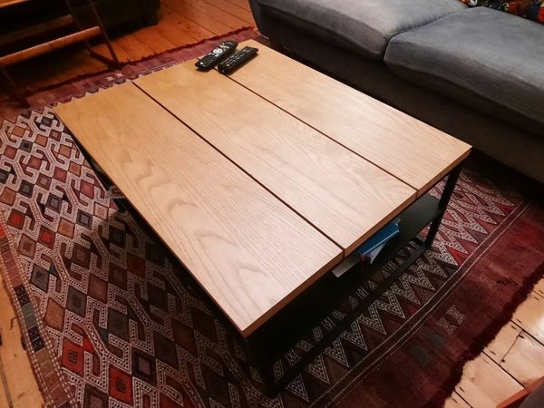 Coffee table, wooden top, metal legs and shelf