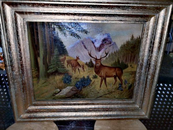 Antique large oil painting with deers