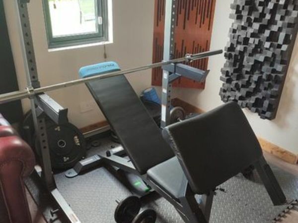 Weight bench + squat stand + olympic bar + plates