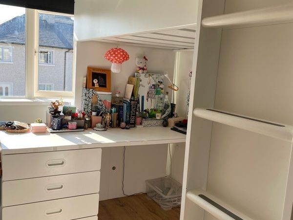 Ikea Loft bed, white white/with desk with 4 drawers, 90x200 cm