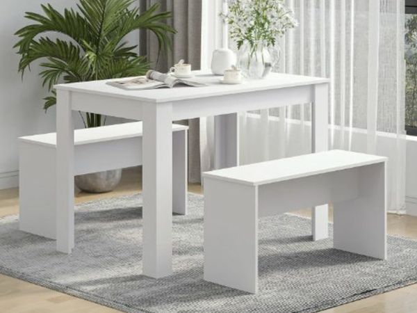 3-Piece Dining Table & Bench Set White