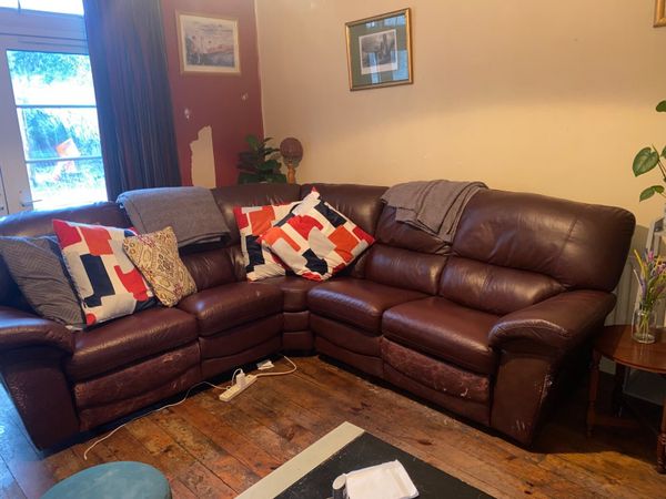 Brown leather on sale l sofa