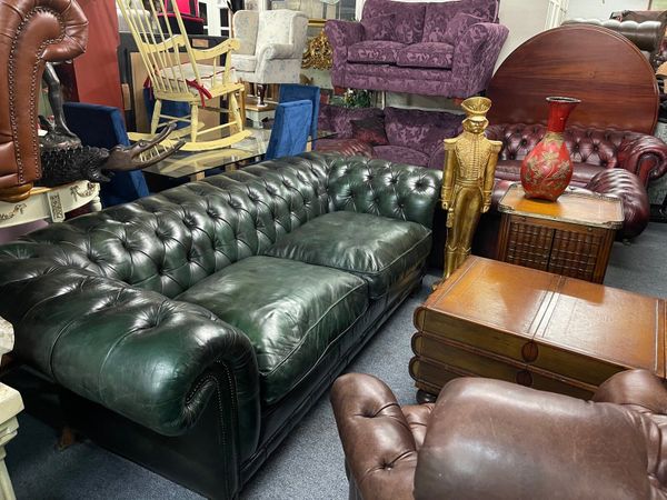 Green leather chesterfield sofa shop for sale