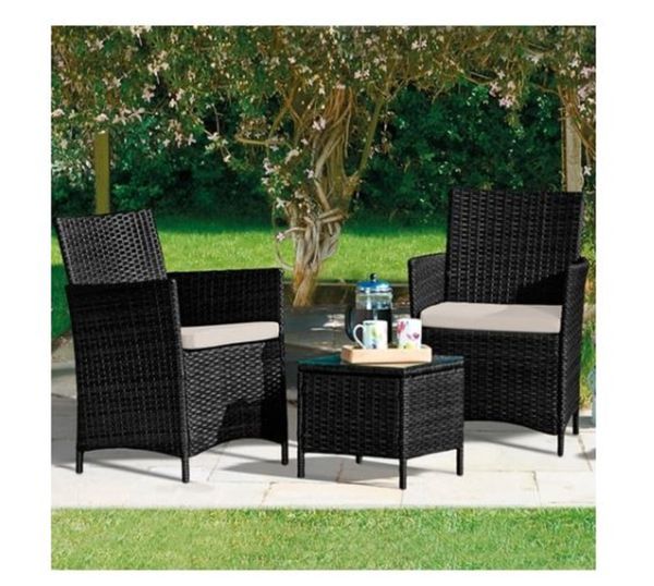 3 Piece Rattan Bistro Garden Furniture Set Black for sale in Co