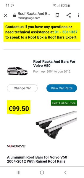 Exodus Roof Bars compatible for Volvo V50
