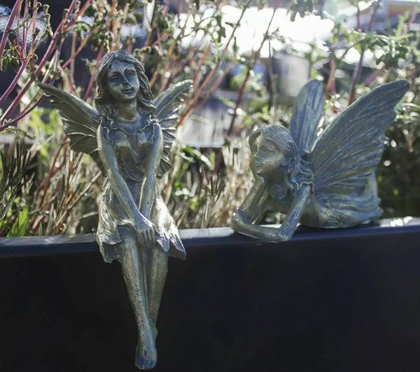 2 Fairy Statues Bronze Effect Resin Garden Ornamen