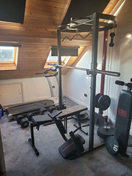 power rack, benches and weights