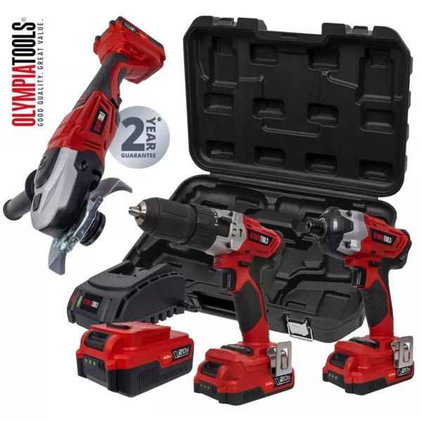 Olympia™ Power Tools Drill, Driver, Angle Grinder + 4 Battery (4.0Ah / 2.0Ah) Bundle