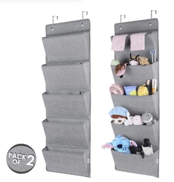 2x Hanging Organiser for Door Wall with 5 Pockets Fabric Grey Room Organizer