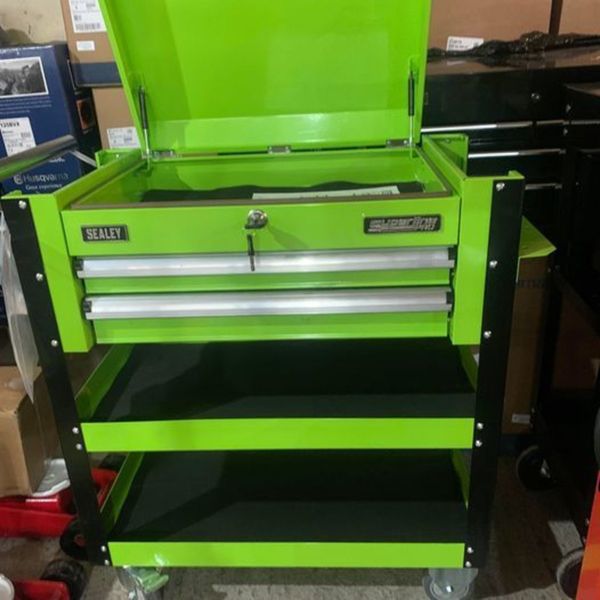 STORAGE SALE Heavy Duty Mobile Tool Parts Trolley 2 Drawers & Lockable Top GREEN 