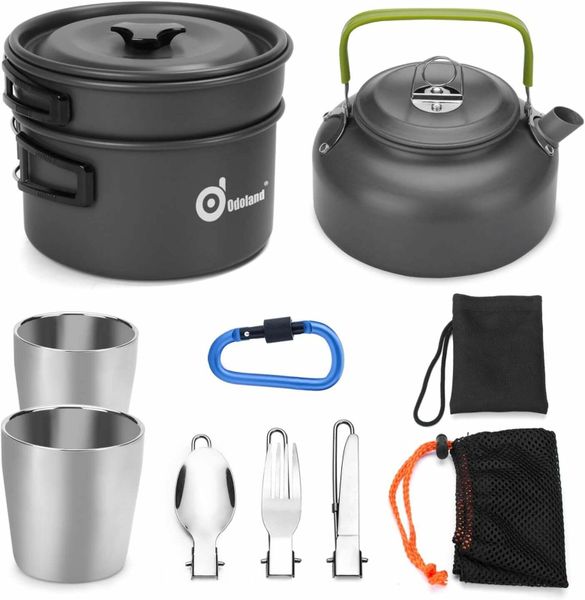 Camping Cooker Pan Set Aluminum Camping Cookware Kit for 2 People, Portable Outdoor Pot Pan Stove Kettle 2 Cups and Tableware - Backpacking Cookware for Picnic Trekking and Hiking