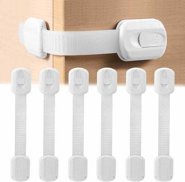 Child Safety Cupboard Locks,6 Pack Adjustable Baby Cupboard Safety Locks,Child Proof Locks with No Drilling Needed & Strong Adhesives for Cabinet,Fridge, Freezer,Drawers, Dishwasher, Toilet