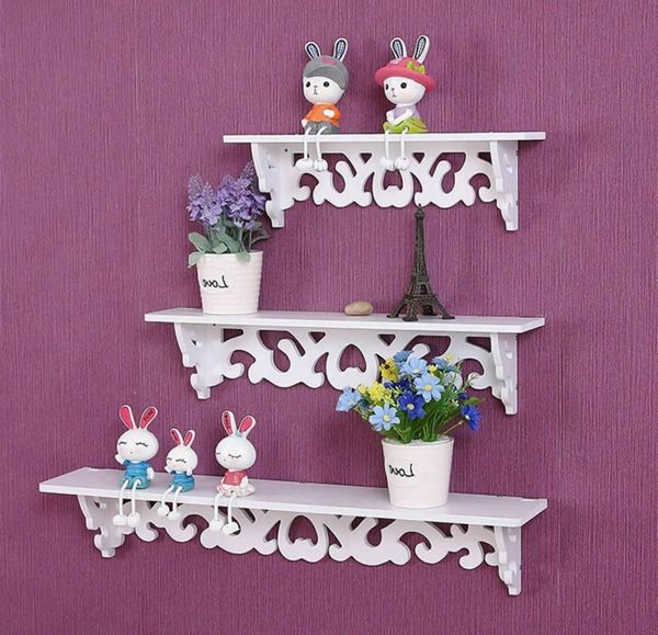 Set of 3 White Floating Wall Shelves Wall Wooden