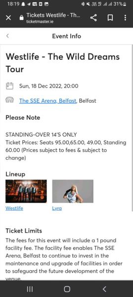 Westlife Tickets Belfast Sunday 18th December