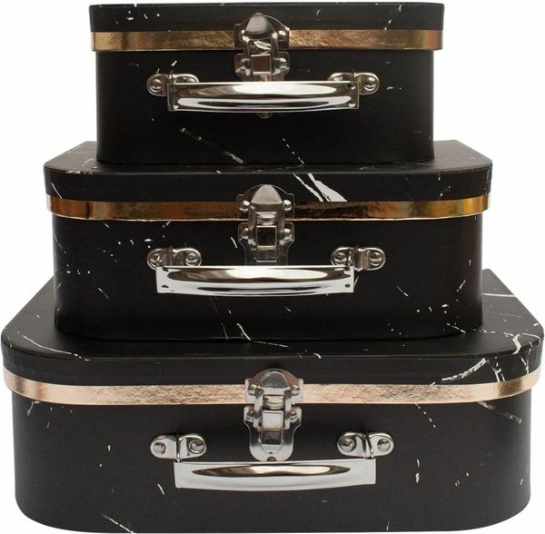 Set of 3 Rigid Luxury Presentation, Suitcase Gift Storage Box, Black Marble Print, White Interior with Metal Handle and Clasp