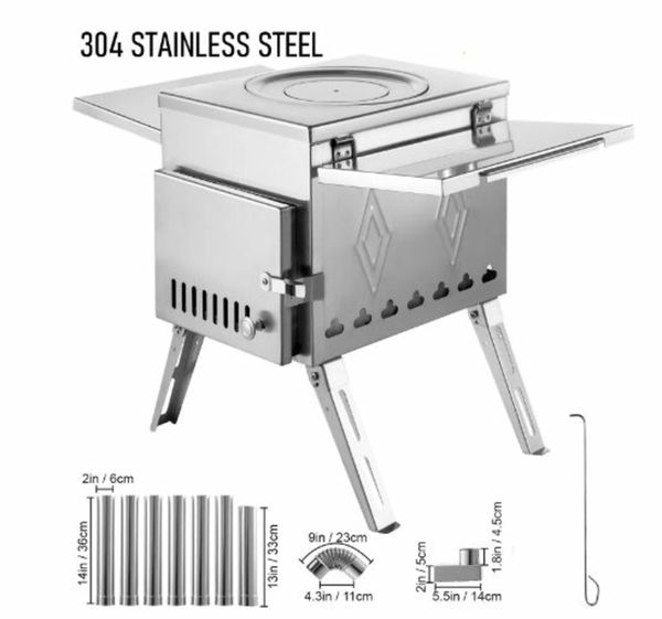 Tent Wood Stove 304 Stainless Steel W/Folding Pipe Wood Stove Multipurpose Camping Tent Heating Stove Outdoor Survival
