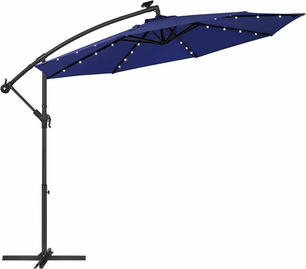 Parasol LED Solar Lighting Cantilever Parasol Garden Umbrella 32 LED Lights Diameter 3m with Stand UV Protection Up to UPF 50+ with Crank for Garden Patio Navy Blue