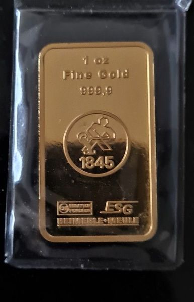 1 Troy OZ Heimerle + Meule  24 Carat Fine Gold 999.9 Gold Bar