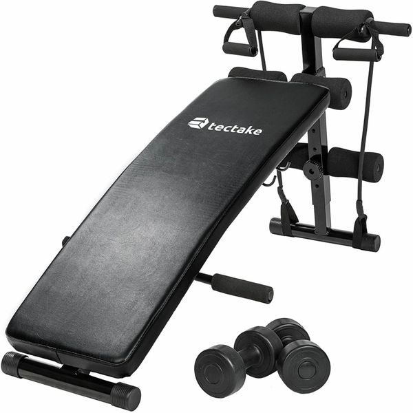 FOLDABLE SIT UP BENCH -TOTAL DIMENSIONS: APPROX. 126 CM (L) X 60 CM (W) X 70 CM (H)- ABDOMINAL AB CRUNCH HOME GYM EXERCISER TRAINING MACHINE + 2 DUMBBELLS + 2 TRAINING ROPES