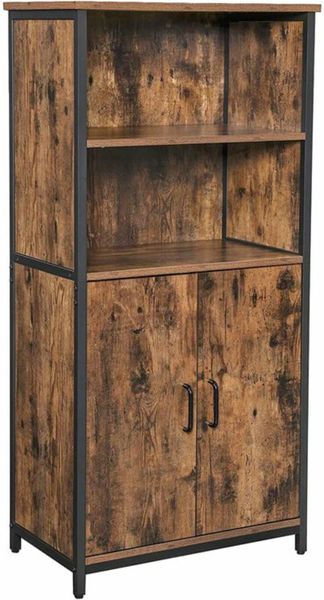 BOOKCASE, BOOK CABINET, OFFICE SHELF, KITCHEN CABINET WITH 2 OPEN COMPARTMENTS, ADJUSTABLE SHELF IN CUPBOARD, MULTIFUNCTIONAL, INDUSTRIAL DESIGN, VINTAGE BROWN/BLACK