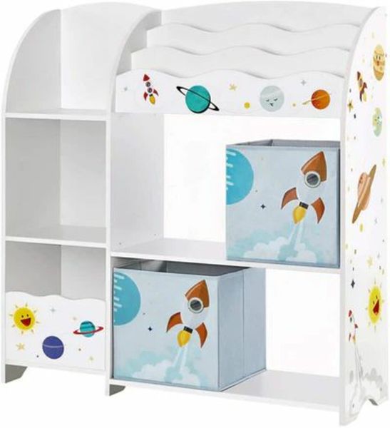 CHILDREN'S ROOM SHELF, TOY ORGANISER, BOOKCASE FOR CHILDREN, MULTIFUNCTIONAL SHELF WITH 2 STORAGE BOXES, OUTER SPACE STICKERS FOR KIDS BEDROOM, WHITE